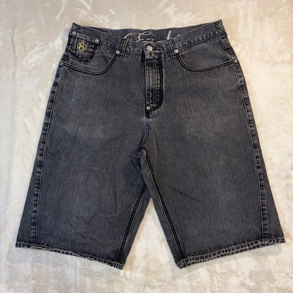 Eight 732 Mens Baggy Denim Shorts Black Y2K Skater Streetwear Embroidered Sz 40